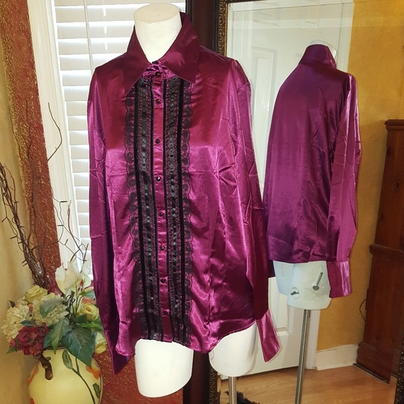 Tops - 🎁 Shinny Glossy Satin Long Sleeve lace shirt